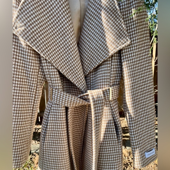 Calvin Klein Wool Shawl Coat women houndstooth M belted plaid khaki cream trench - Picture 13 of 13
